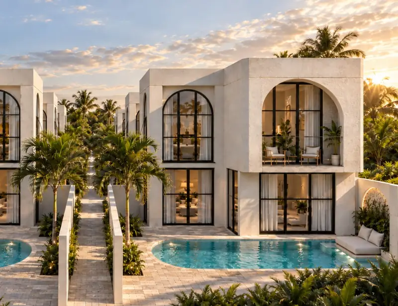 Bali Villa with arched windows and private pool at sunset