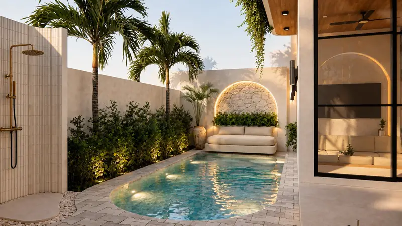 Bali Villa pool courtyard with arched lounge niche