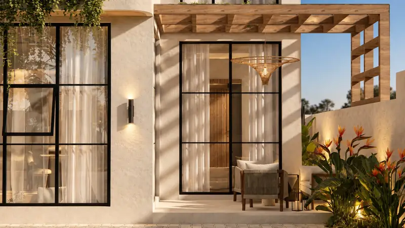 Bali Villa entrance with pergola and glass doors
