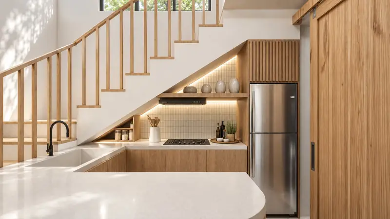 Bali Villa kitchen beneath the timber staircase