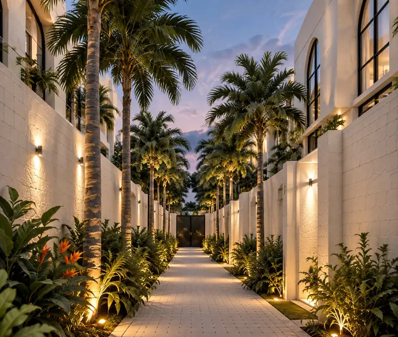Lantern-lit garden lane between the Bali Villas