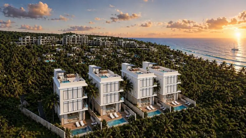 Prime Villas at sunset above the coastline