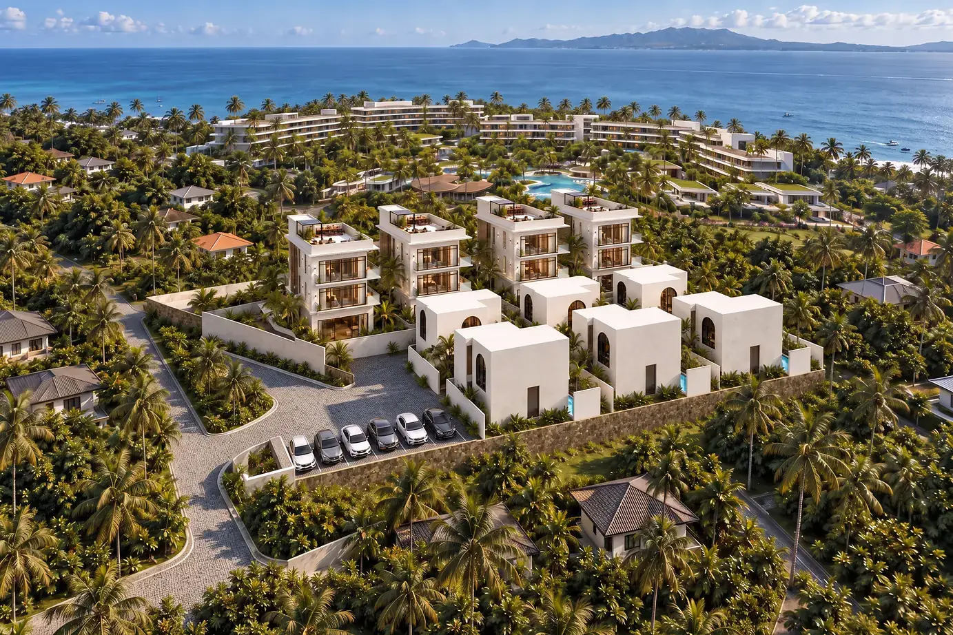 Aerial view of the ten Prime and Bali pool villas overlooking the sea in Panglao