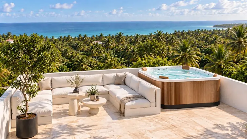 Prime Villa roof deck lounge and jacuzzi overlooking the sea